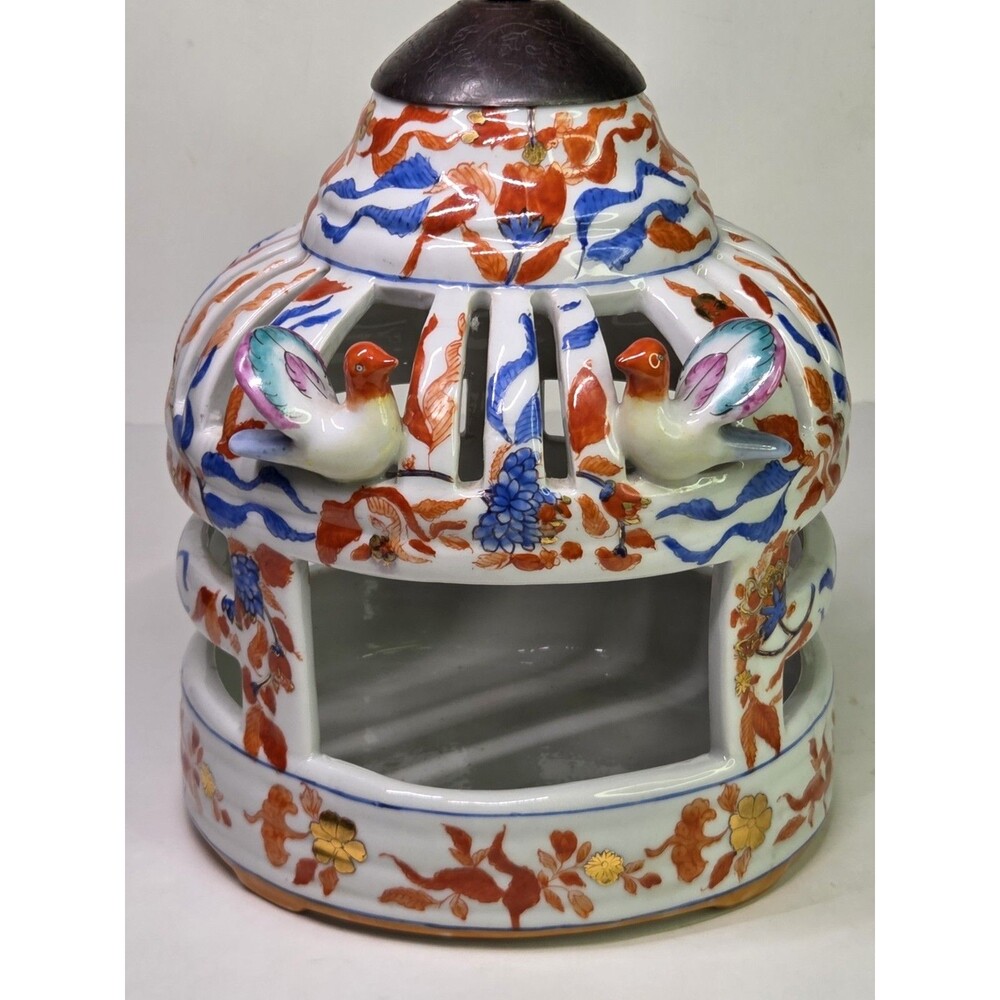 Vintage Chinoiserie Ceramic Bird Cage Candle Holder Lantern Hanger Gold Imari